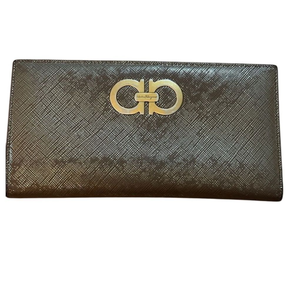 Salvatore Ferragamo Metallic Brown Wallet with Gold Logo distressed